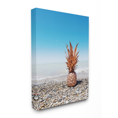 " Rose Gold Metallic Pineapple On Beach with Blue Sky " Graphic Art Print