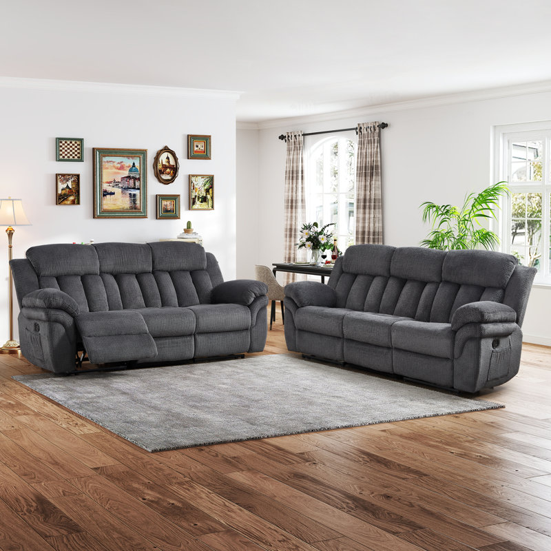 87.4'' Wide Pineapple-Textured Chenille Manual Reclining Sofa With Overstuffed Comfort (Set Of 2), Slate Gray
