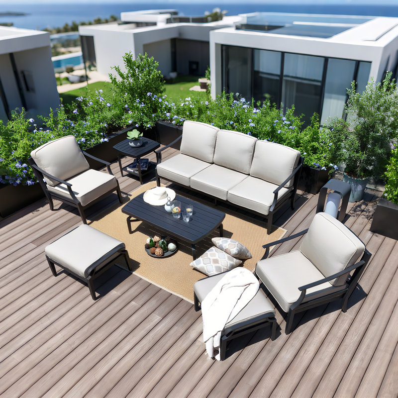 Ensemble de conversation Tamarin Patio 7 pièces en aluminium avec repose-pieds et coussins Sunbrella®