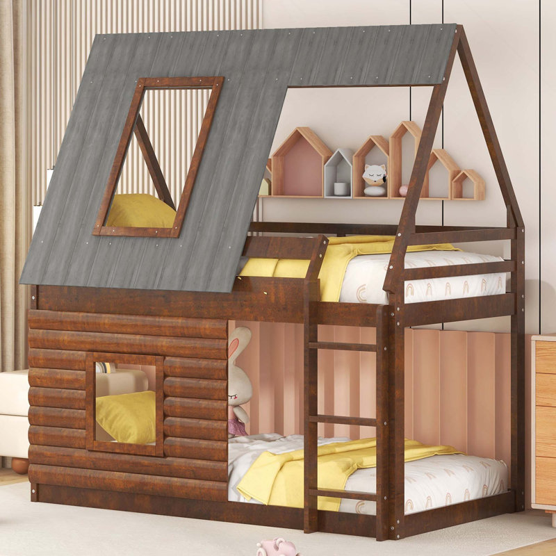 Lit superposé en bois avec toit, échelle et 2 fenêtres Wood House