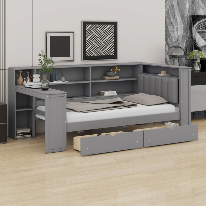 Lit plateforme en bois avec tablettes de rangement, tiroirs, station de charge, DEL, bureau et tête de lit tapissier, Gris