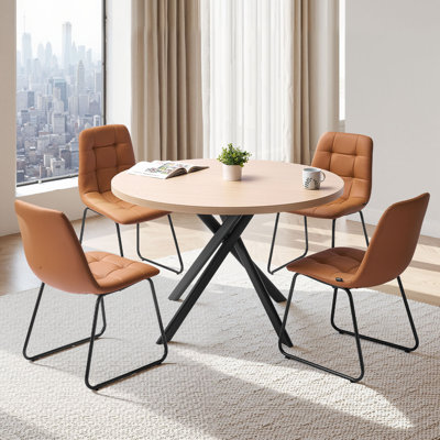 Dining Table Set, Space-Saving Round Kitchen Table with 4 Upholstered Orange Chairs, PU Leather Cushions, Modern Wood-Tone Desk with Adjustable Foot Pads for Dining Room, Small Spaces
