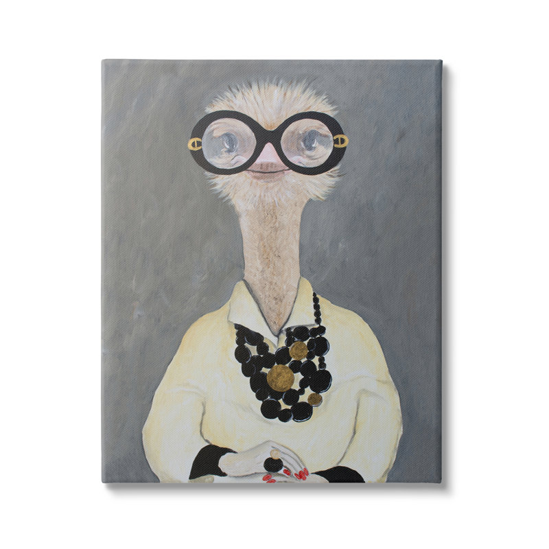 Autruche portant des lunettes et des clous peints par Coco de Paris - Peinture, H 20 po x l 16 po x P 1,5 po, Toile tendue