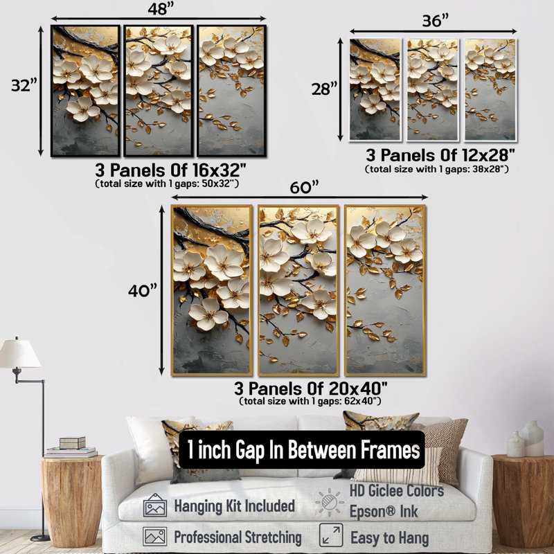 «Dreaming White and Gold Cherry Blossom Branch II», ensemble de reproductions d'art mural cerisier en fleurs