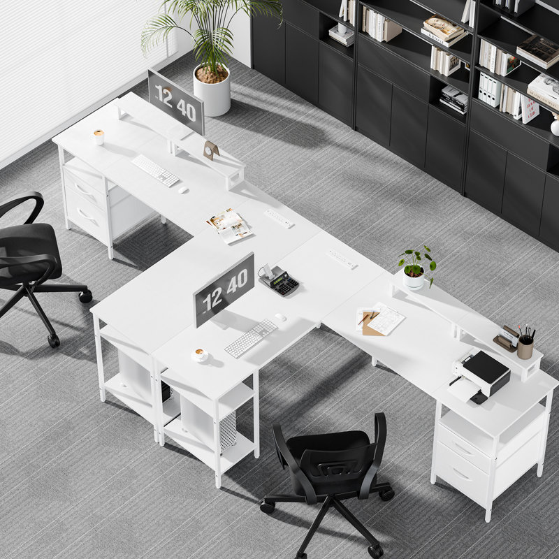 Bureau en L avec tablettes de rangement, bureau d'ordinateur réversible avec prises intégrées et support de moniteur, Blanc