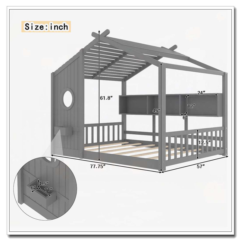 Lit de rangement avec tablette de rangement, Gris, Lit double
