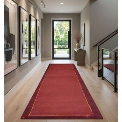 Red Wool Handmade Tibbati Contemporary Hand Knotted Runner Indoor Area Rug