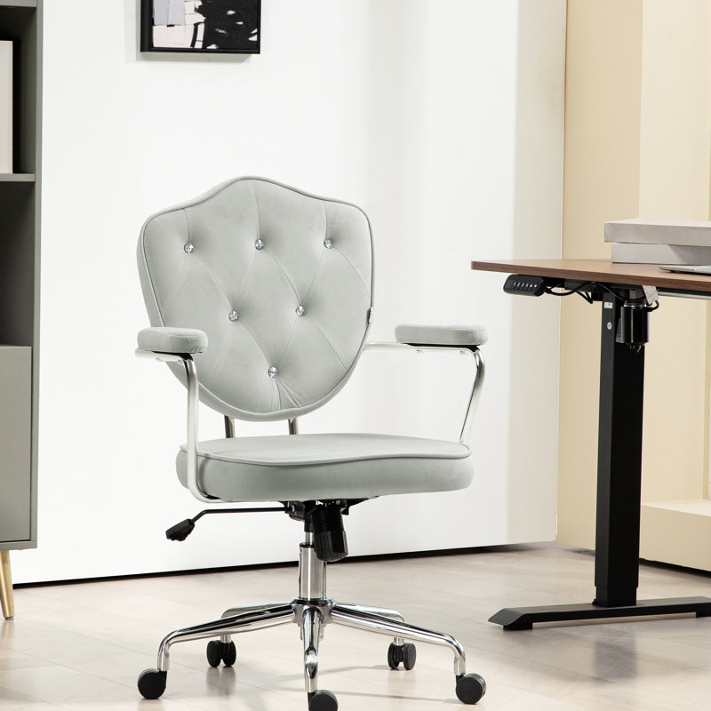 Chaise de bureau ajustable grise avec dossier clouté en strass et siège d'ordinateur pivotant