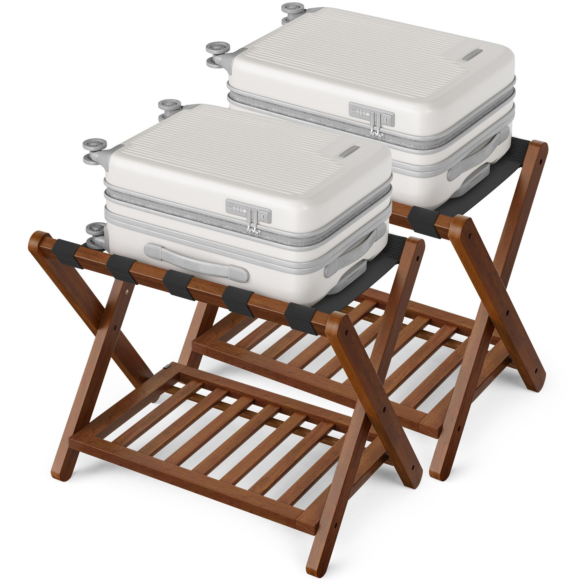 LEDREM Solid Wood Luggage Racks, Set Of 2, No Assembly Required, Foldable Suitcase Stand, Luggage Holder, With Storage Shelf, For Guest Room, Hotel, Bedroom & Reviews | Wayfair