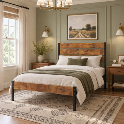 Metal Bed Frame with Wood Headboard, Under-Bed Storage Space, Noise Free Design