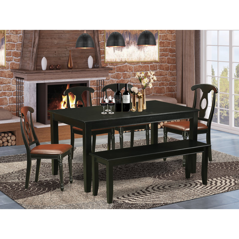 6 Piece Modern Dining Table Set Contains a Rectangle Wooden Table and 4 Faux Leather Dining Chairs with a Bench, Black