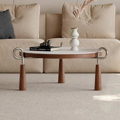 Pierre blanche + bois massif + table basse ronde en acier inoxydable