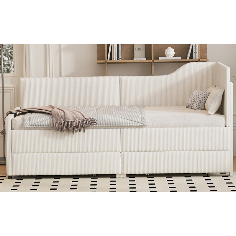 Upholstered L-Shaped Corduroy Daybed With 2 Storage Drawers, Beige