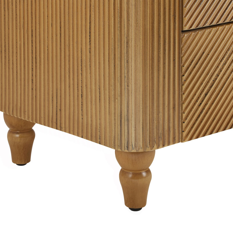 Emerson Fluted Wooden Nightstand With 3 Drawers & Gold Handles, Natural