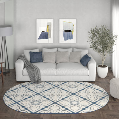 Adella Damask Machine Made Power Loom Polypropylene Area Rug in Dark Blue