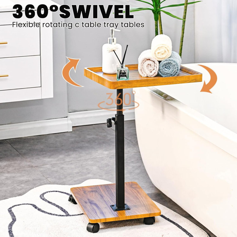 C Table End Table Adjustable Height,C Shaped End For Couch,Snack Tables,360°Swivel TV Tray Sofa Table, Brown