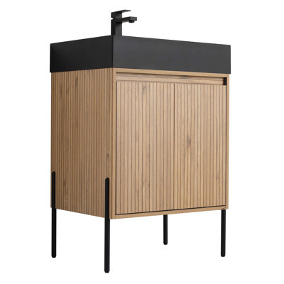 Crownpoint 24" Floor-Standing Bathroom Vanity with Matte Black Sink in Bright Oak