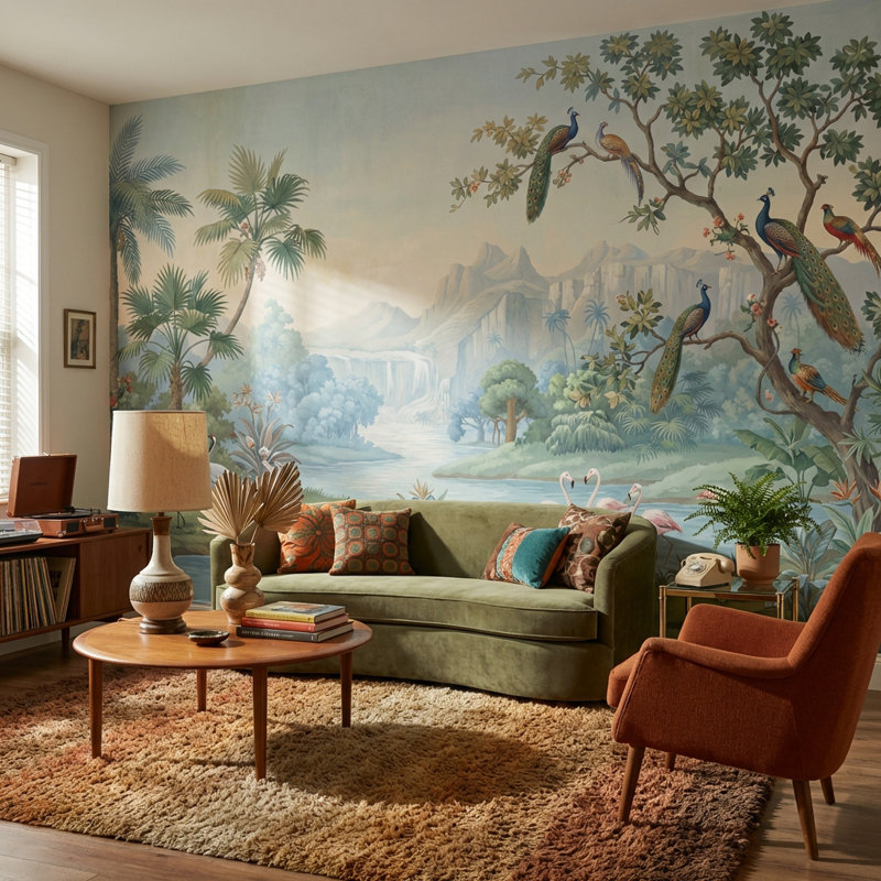Papier peint rivière tropicale avec oiseaux tropicaux, Non tissé non collé, 160 po x 108 po