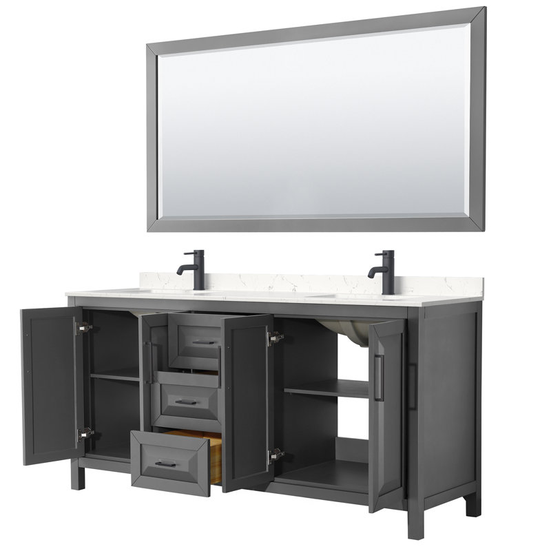Ensemble de meuble-lavabo double 72 "avec miroir Daria, Marbre de culture de Carrare, Gris foncé, Noir mat
