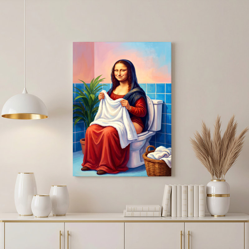 Tableau sur toile Mona Lisa sur les toilettes (lot de 1), H 24 po x l 16 po