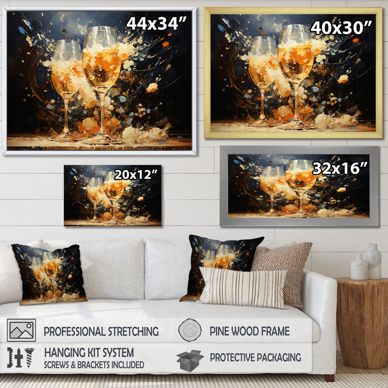 French Champagnes Cheers sur toile, Cadre flottant doré, H 16 po x l 32 po x P 1 po