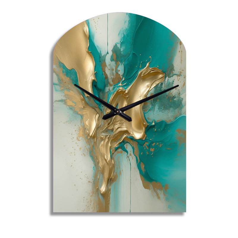 Horloge murale asymétrique en métal or et turquoise, encre dorée et turquoise, Moyenne
