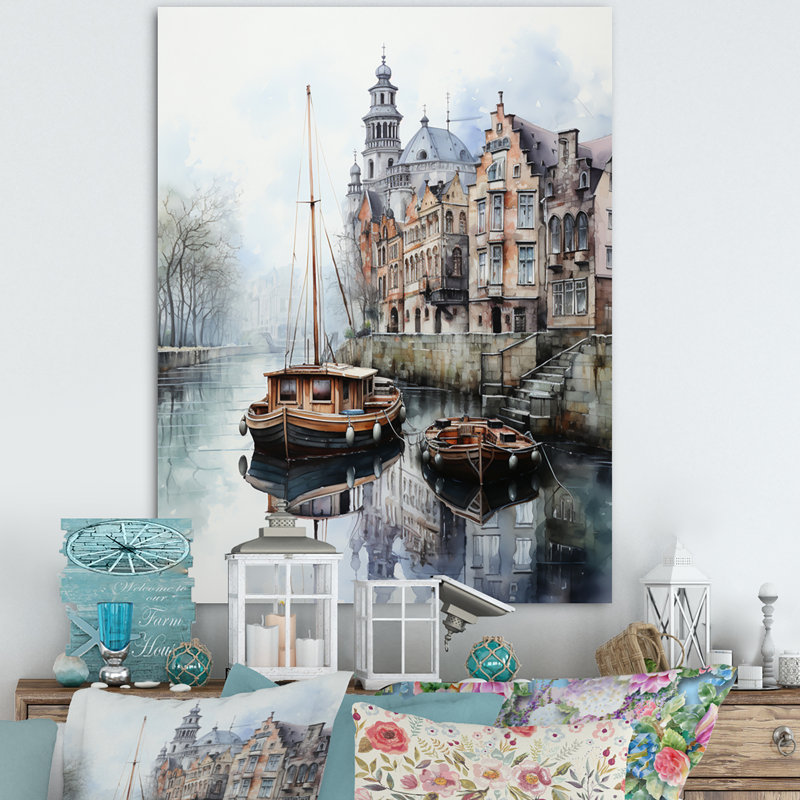 «Beige Canal Reflections» en monochrome sur toile, H 44 po x l 34 po x P 1,5 po, Toile tendue