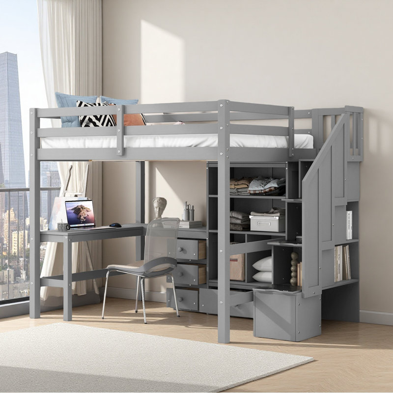 Full Size Loft Bed With L-Shaped Desk And Storage Drawers, Gray