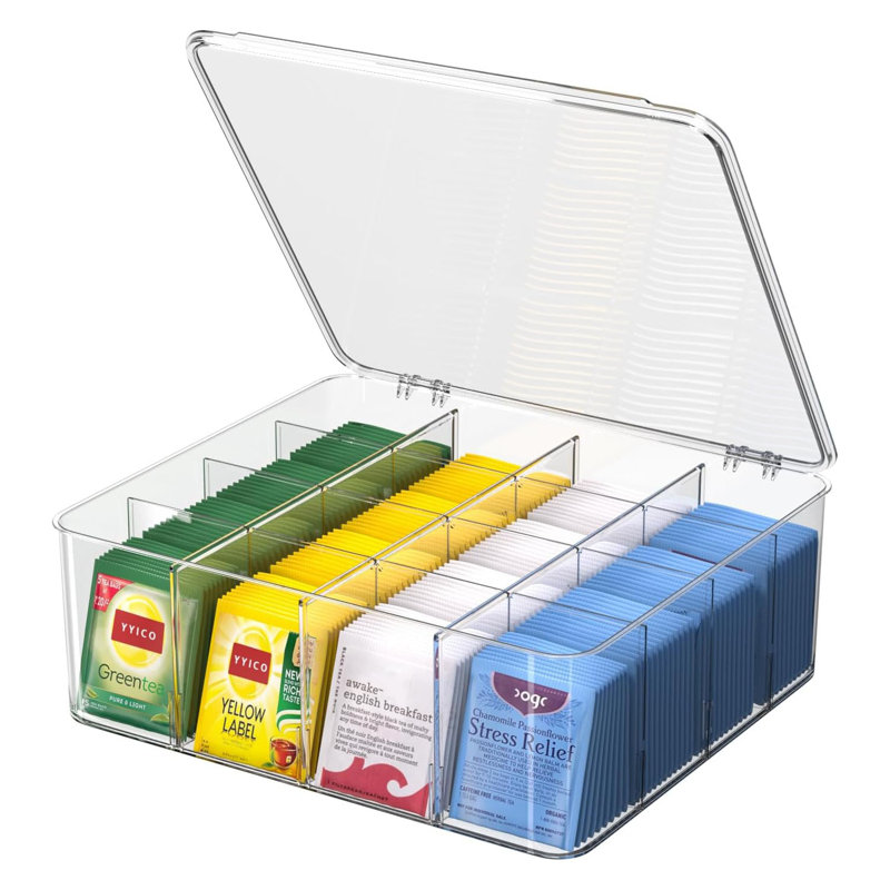 Grande boîte de rangement pour sachets de thé empilable avec couvercle et séparateurs réglables