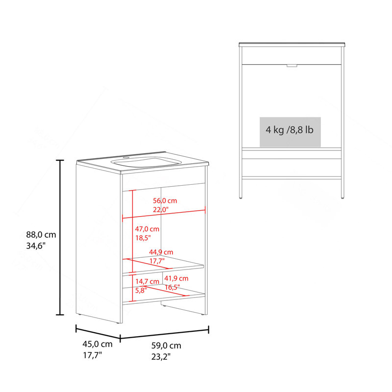 Meuble-lavabo Lorenzo avec quatre tiroirs et deux tablettes ouvertes , Blanc