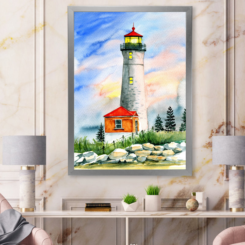 Phare entouré de sapins verts - peinture sur toile, H 32 po x l 16 po, Toile argentée avec cadre d'angle fermé