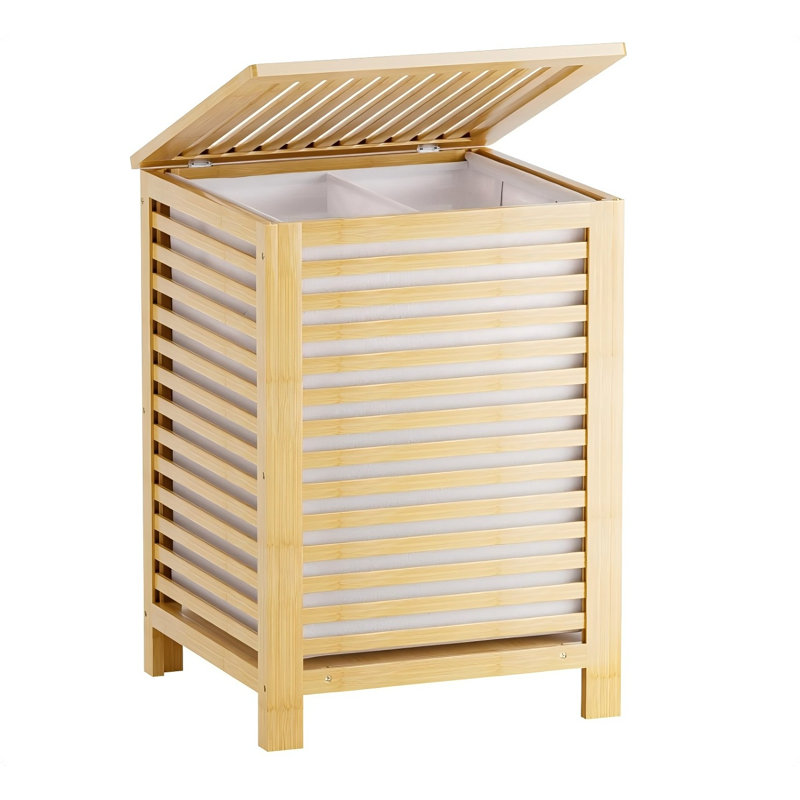 Double Laundry Hamper With Lid, 120L Bamboo Laundry Basket With Removable Liner Bag, 2-Section Clothes Divider Laundry Sorter For Laundry Room, Bathroom, Bedroom