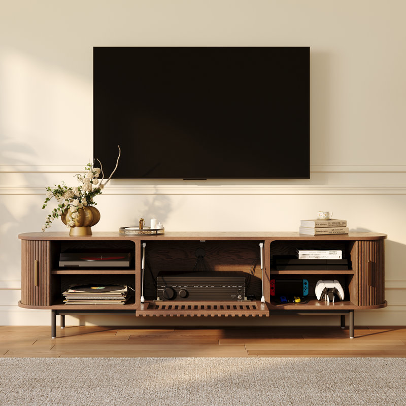 Mid-Century Modern TV Stand, Sliding Door, Fully Assembly, Brown, 21.25"H x 79"L x 15.75"W