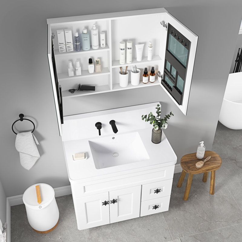 Armoire à pharmacie de salle de bain l 36 po x H 26 po, décoration de miroir biseauté, espace de rangement spacieux, présentoir de haute définition, charnière, bois d'ingénierie, miroir à rebord blanc, bois d'œuvre silencieux