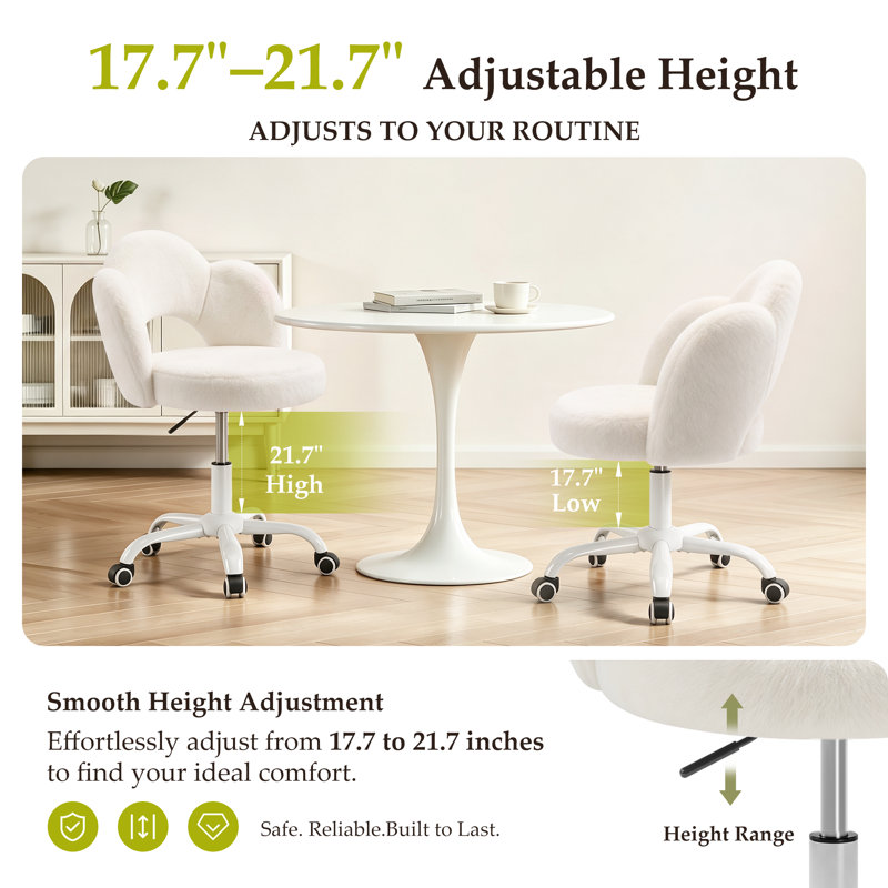 Tabouret de coiffeuse avec dossier en fourrure et pieds dorés, White with Wheels