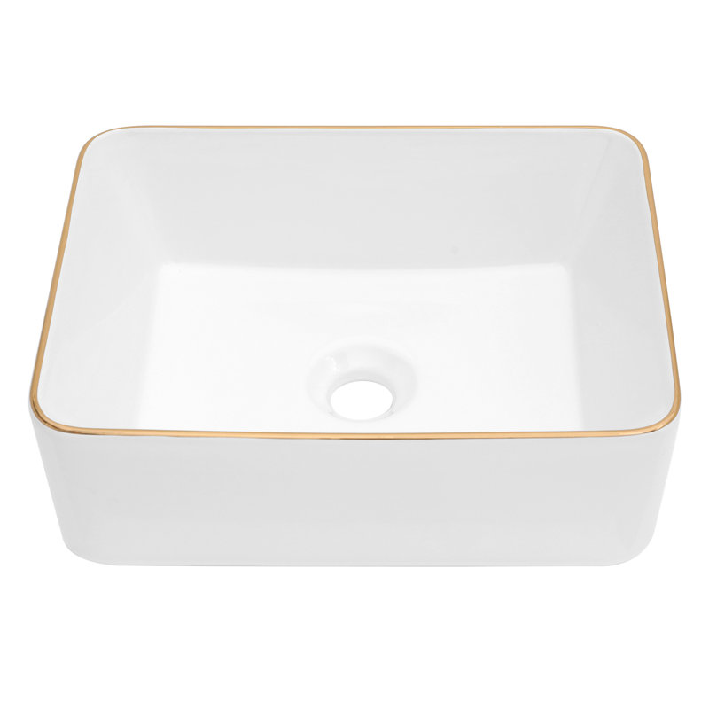 16 x 12 Inch White Ceramic Rectangular Vessel Sink with Gold Rim