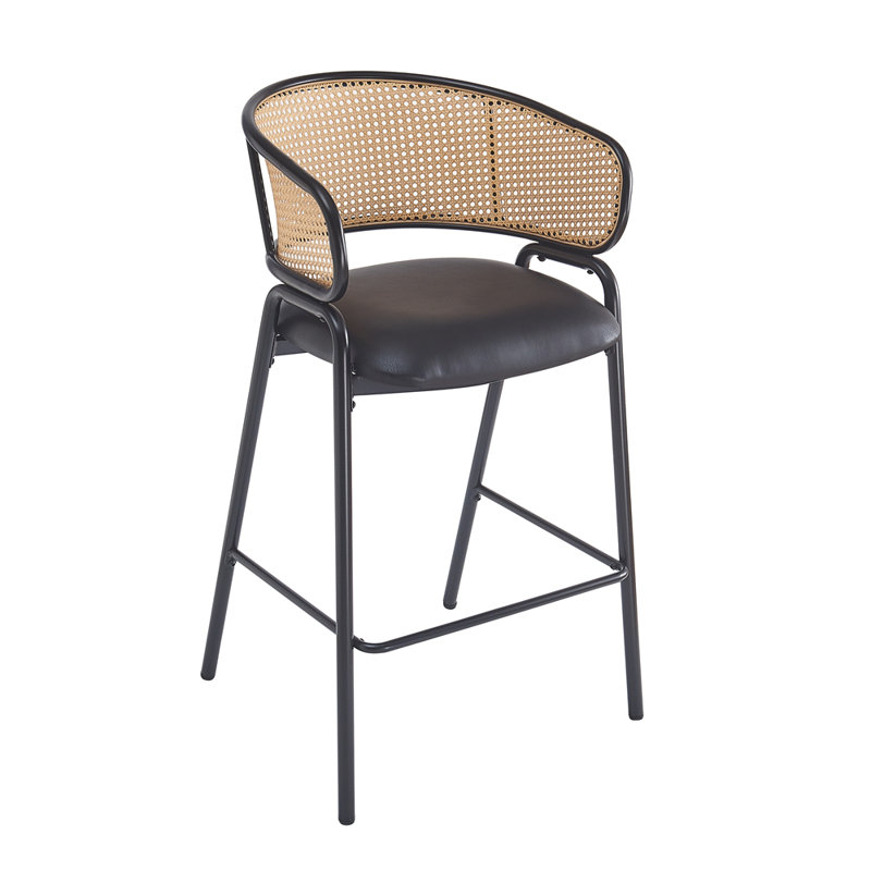 Tabouret de bar rembourré, siège en similicuir avec dossier en rotin Wowen