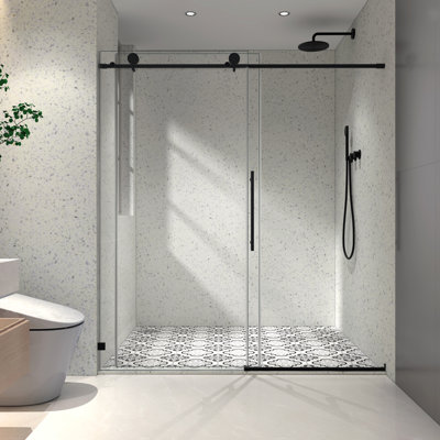 Porte de douche en nickel brossé 6076 - avec fonction de fermeture en douceur, grandes poulies en acier inoxydable 304 de 70 mm, nettoyage facile, membrane imperméable, verre trempé de 5/16 po, salle de bain