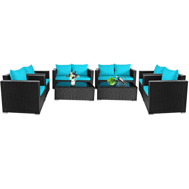 8 pièces Ensemble de conversation pour l'extérieur en rotin avec coussins turquoise, Bleu