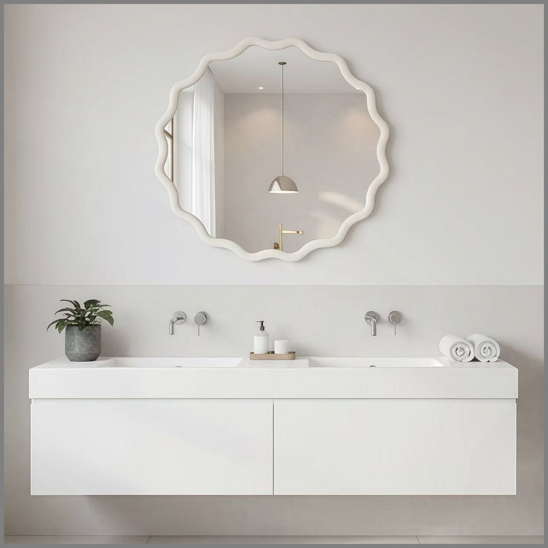 Miroir décoratif rond blanc en bois massif ondulé de 24 pouces, pour chambre à coucher, salle de bain, salon, entrée, White