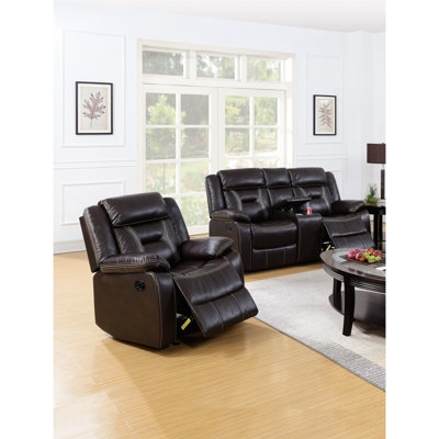 Meuble de salon 2 pièces brun foncé avec sièges rembourrés, accoudoirs coussinés et porte-gobelet dissimulé pour le mécanisme d'inclinaison principal, coussin,