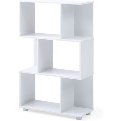 Bibliothèque moderne blanche à 3 étagères décalées, idéale pour ranger des livres, des appareils électroniques et des objets de décoration. Design américain. Matériau : bois. Poids : 10 kg. Profondeur : 61 cm. Largeur : 24 cm. Montage facile et sans entretien.