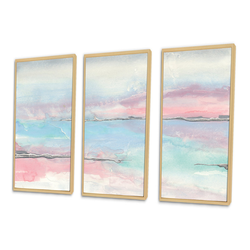 Metallic Shabby Pink II - Shabby Elegance, ensemble de 3 toiles murales encadrées, H 32 po x l 48 po x P 1 po, Cadre doré
