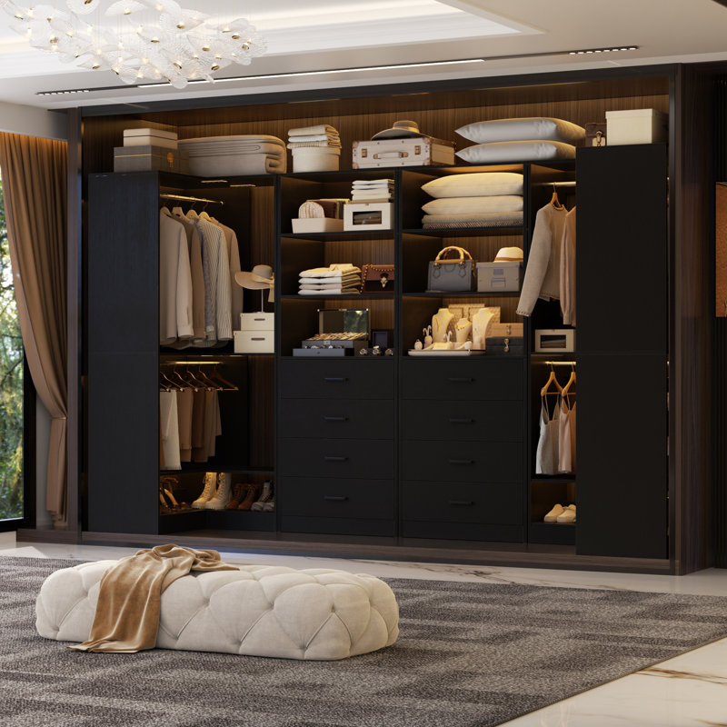 Closet System With Drawers, Shelves,Hanging Rods, Black