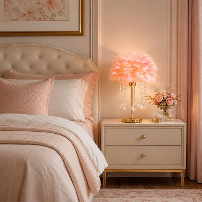 Feather Decorative Table Lamp With Gold Base, 3-color Light Bulb & Button Switch