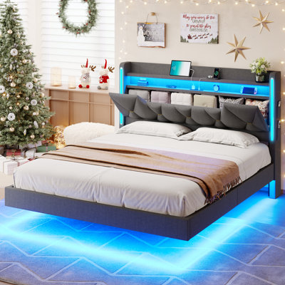 King Size Bed Frame with Storage Headboard, Floating Bed Frame King Size,Platform Bed with Charging Station, Floating Bed with LED Lights No Box Sprin by Wrought Studio