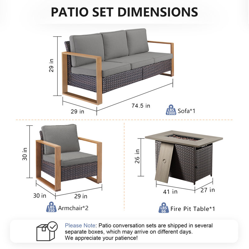 Ensemble de conversation avec canapé en osier 4 pièces Lisieux, 4 Pcs: Firepit Table, Sofa, 2 Fixed Chairs, Grey, Brown