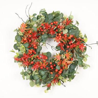 24" Artificial Farmhouse Harvest Thanksgiving Day Greenery Eucalyptus Maple Berry Fall Wreath For Front Door