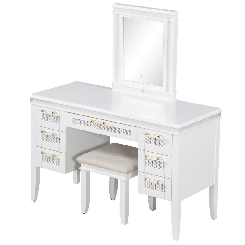 Coiffeuse 48 "avec miroir lumineux - 7 tiroirs et tabouret rembourré, Beige