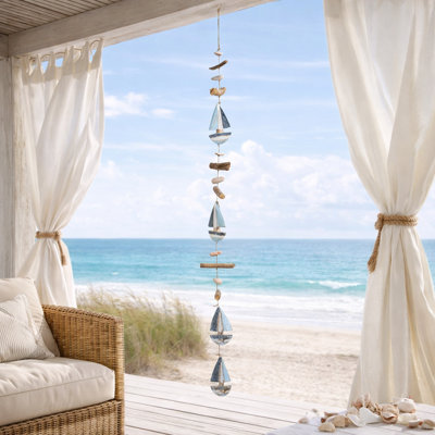 Decorative Wooden Boat Hanging Beads Sculpture for Home Decor - Coastal Style Hanging Decoration for Living Room or Window Sil Accent - Blue & White